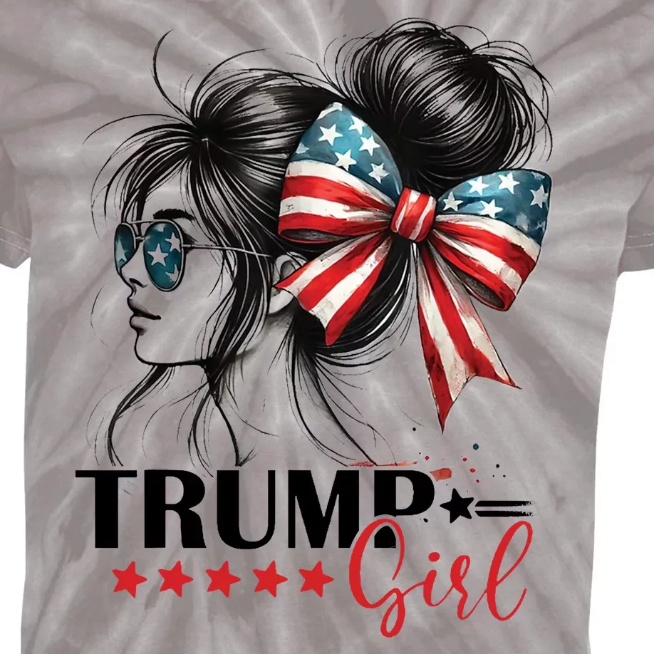 Trump Girl Messy Bun Sunglasses Usa Flag Kids Tie-Dye T-Shirt