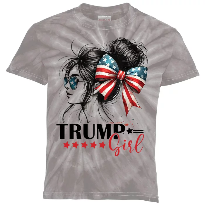 Trump Girl Messy Bun Sunglasses Usa Flag Kids Tie-Dye T-Shirt