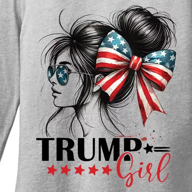 Trump Girl Messy Bun Sunglasses Usa Flag Womens CVC Long Sleeve Shirt