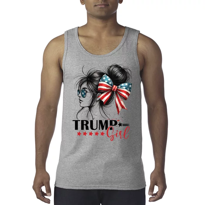 Trump Girl Messy Bun Sunglasses Usa Flag Tank Top