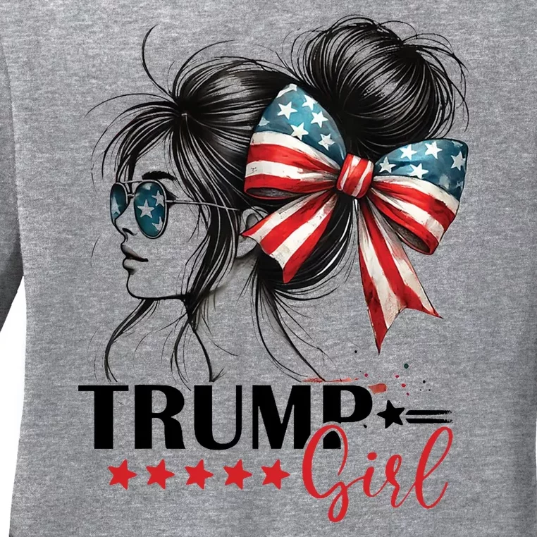 Trump Girl Messy Bun Sunglasses Usa Flag Ladies Long Sleeve Shirt