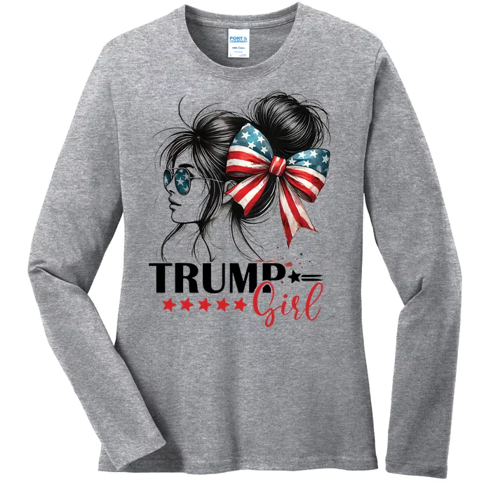 Trump Girl Messy Bun Sunglasses Usa Flag Ladies Long Sleeve Shirt