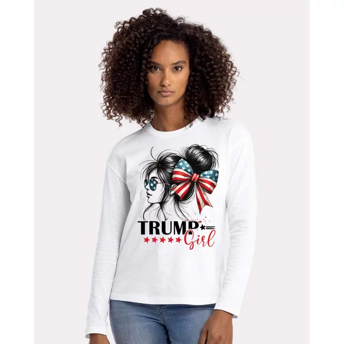 Trump Girl Messy Bun Sunglasses Usa Flag Womens Cotton Relaxed Long Sleeve T-Shirt