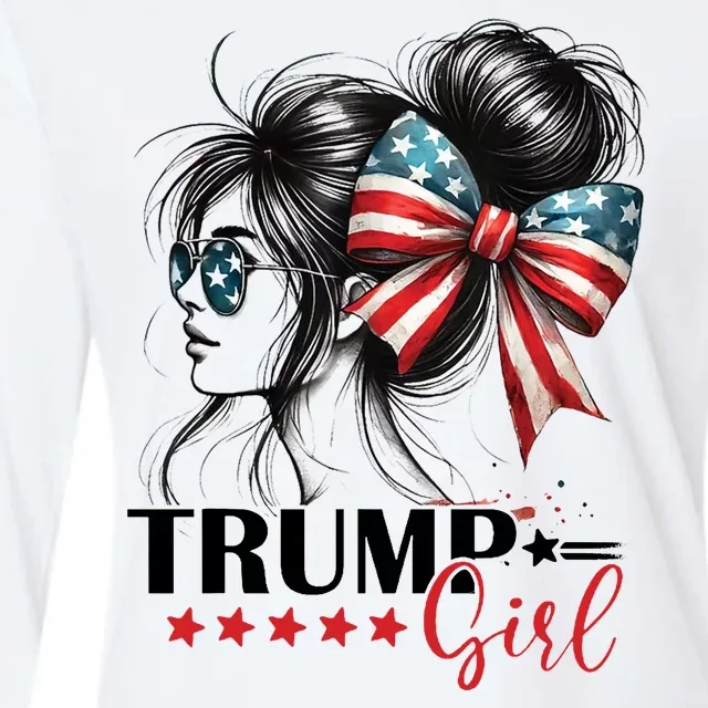 Trump Girl Messy Bun Sunglasses Usa Flag Womens Cotton Relaxed Long Sleeve T-Shirt