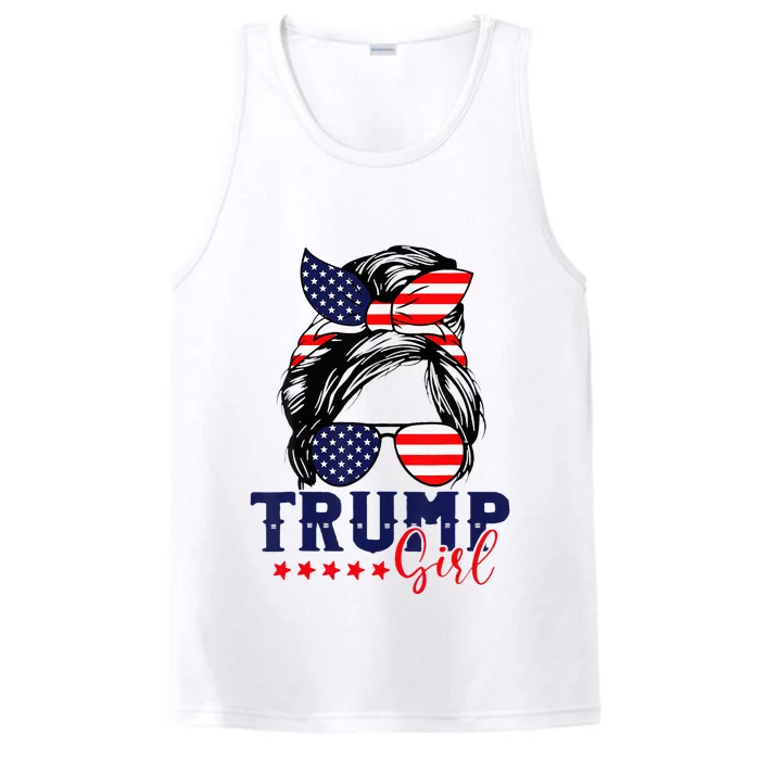 Trump Girl Messy Bun Trump 2024 Election American Flag Performance Tank