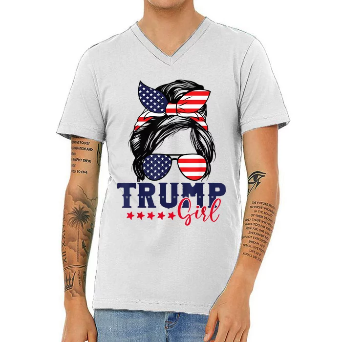 Trump Girl Messy Bun Trump 2024 Election American Flag V-Neck T-Shirt