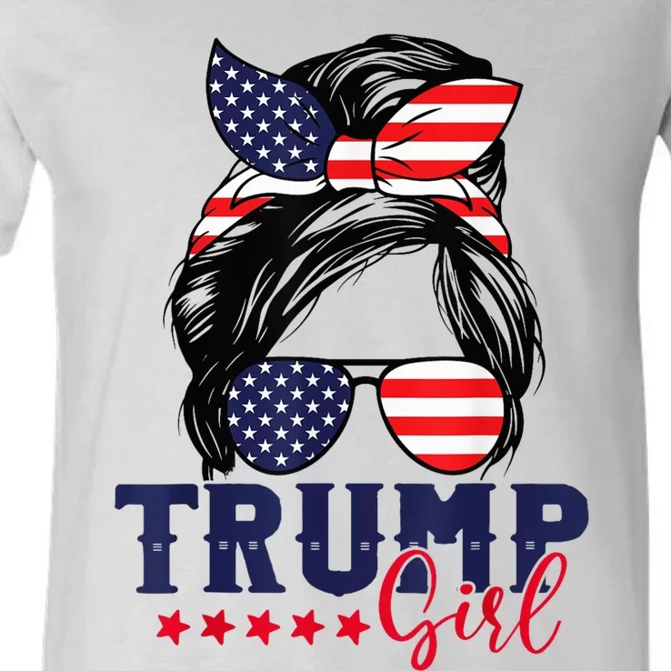 Trump Girl Messy Bun Trump 2024 Election American Flag V-Neck T-Shirt