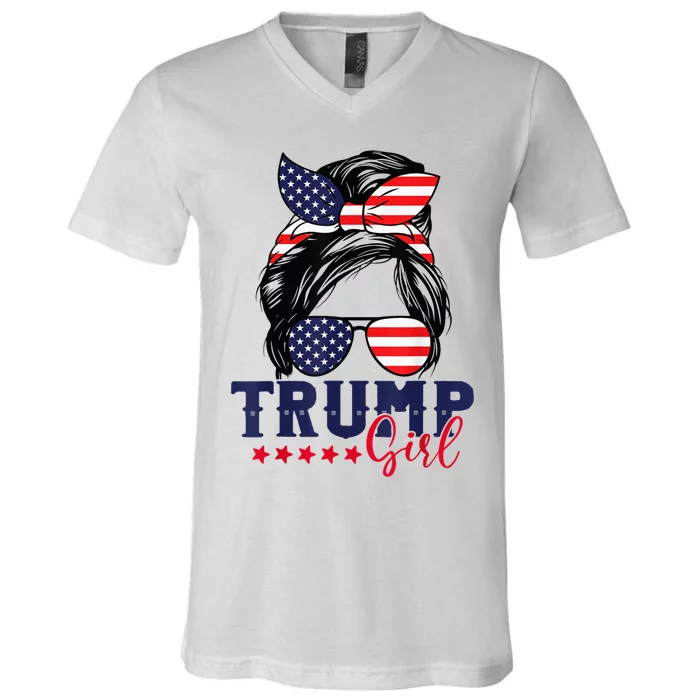 Trump Girl Messy Bun Trump 2024 Election American Flag V-Neck T-Shirt