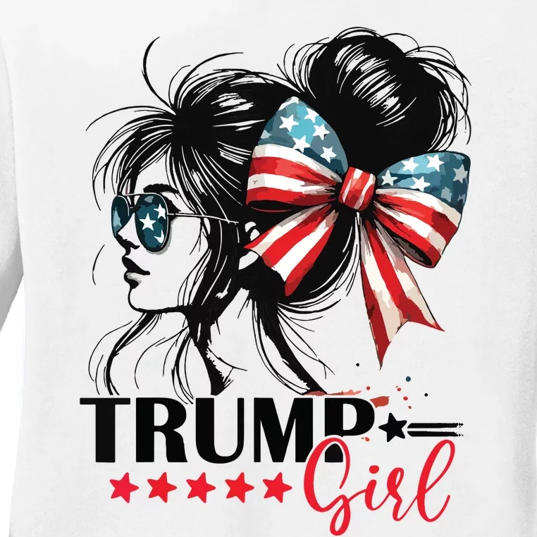 Trump Girl Messy Bun Sunglasses Trump 2024 Usa Flag Ladies Long Sleeve Shirt