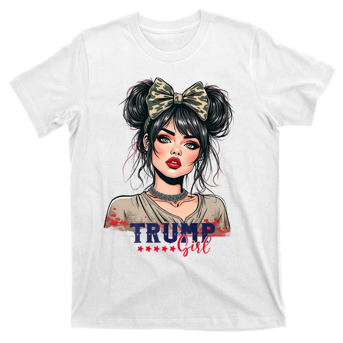 Trump Girl Messy Bun Trump 2024 Election American Flag T-Shirt