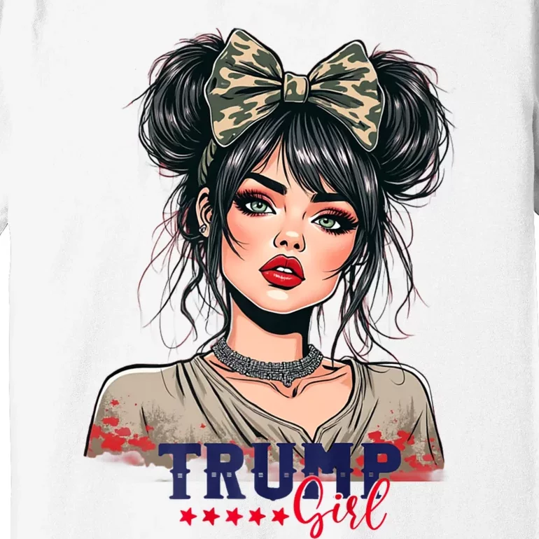 Trump Girl Messy Bun Trump 2024 Election American Flag Premium T-Shirt