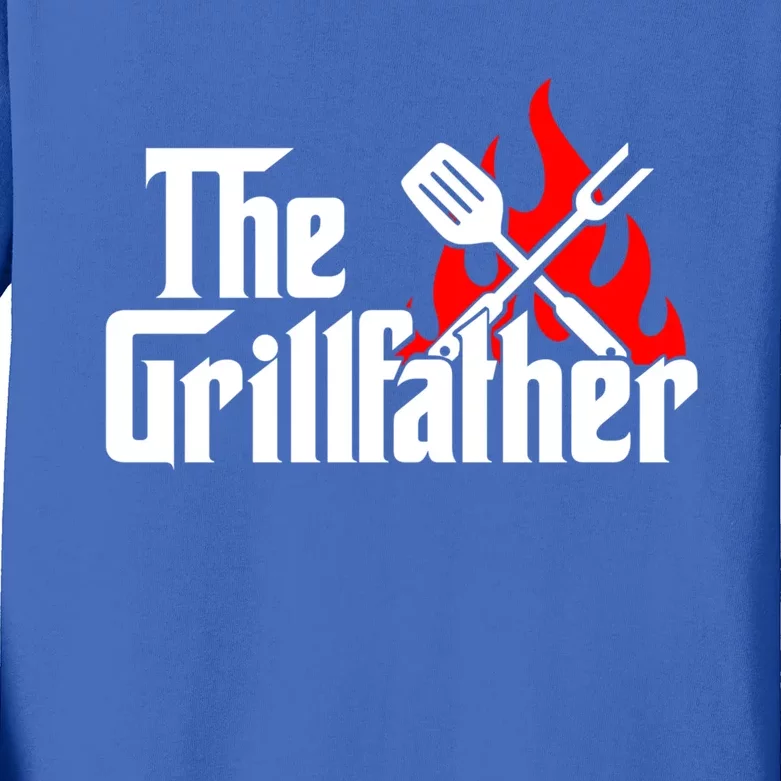 The Grillfather Meat Fork And Spatula Open Flames Grilling Art Funny Gift Kids Long Sleeve Shirt