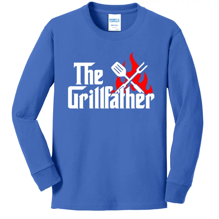 The Grillfather Meat Fork And Spatula Open Flames Grilling Art Funny Gift Kids Long Sleeve Shirt