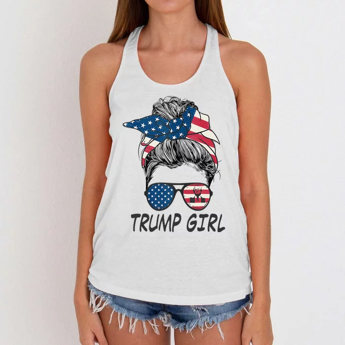 Trump Girl Messy Bun American Flag Women Women's Knotted Racerback Tank