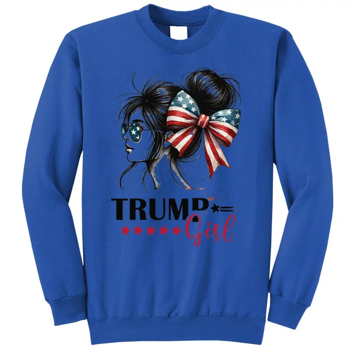 Trump Girl Messy Bun Sunglasses Trump 2024 Usa Flag Gift Tall Sweatshirt