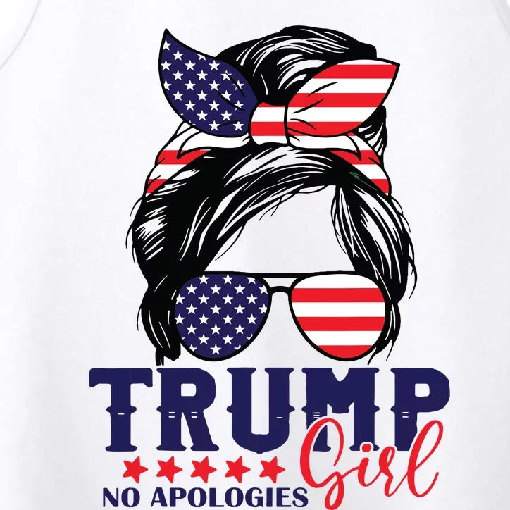 Trump Girl No Apologies Messy Bun Trump 2024 American Flag Performance Tank