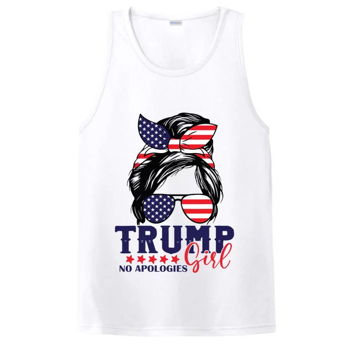 Trump Girl No Apologies Messy Bun Trump 2024 American Flag Performance Tank