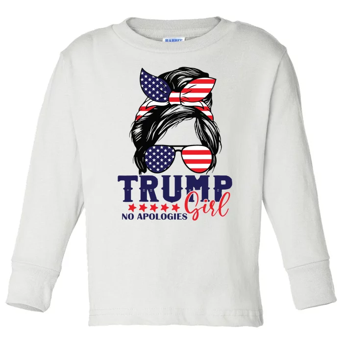 Trump Girl No Apologies Messy Bun Trump 2024 American Flag Toddler Long Sleeve Shirt