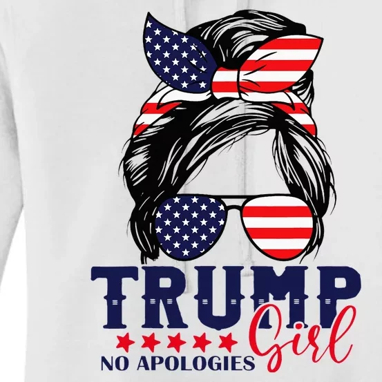 Trump Girl No Apologies Messy Bun Trump 2024 American Flag Women's Pullover Hoodie