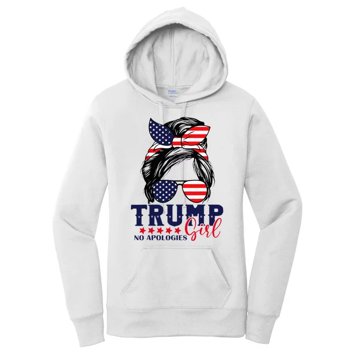 Trump Girl No Apologies Messy Bun Trump 2024 American Flag Women's Pullover Hoodie