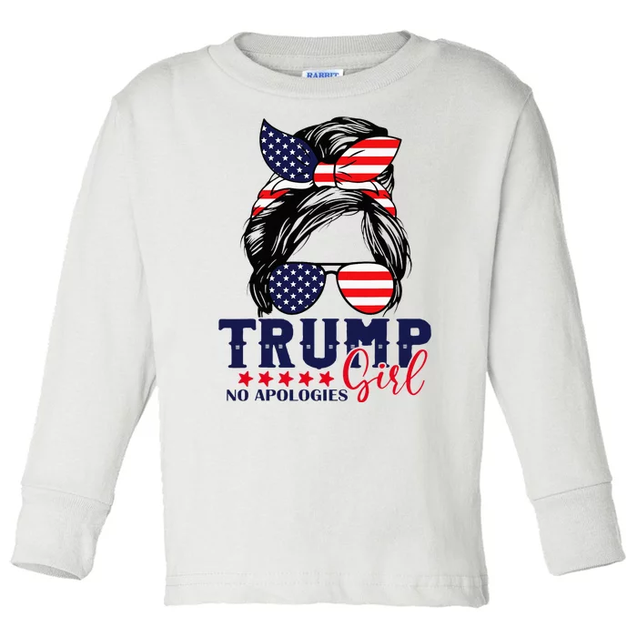 Trump Girl No Apologies Messy Bun Trump 2024 American Flag Toddler Long Sleeve Shirt