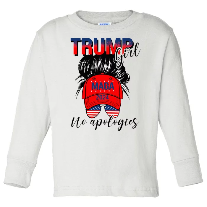 Trump Girl No Apologies Patriotic American Toddler Long Sleeve Shirt