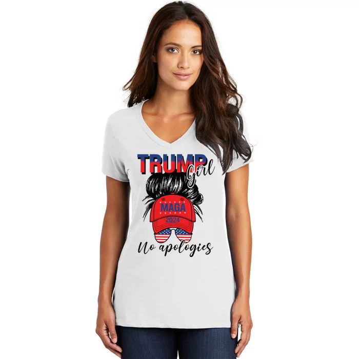 Trump Girl No Apologies Patriotic American Women's V-Neck T-Shirt