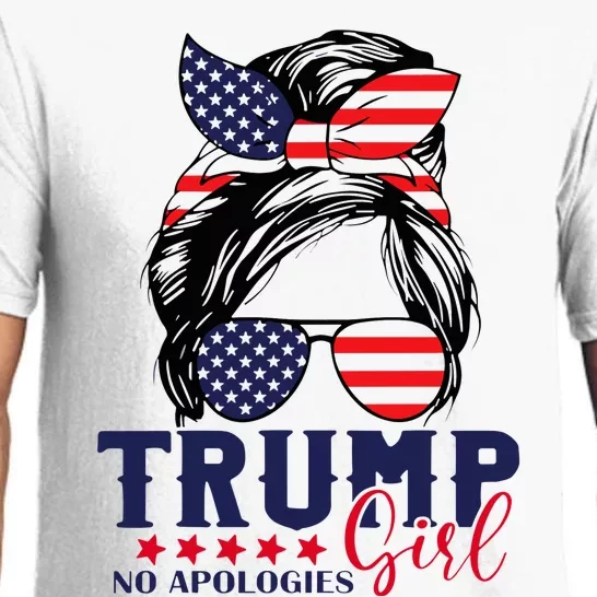 Trump Girl No Apologies Messy Bun Trump 2024 American Flag Pajama Set