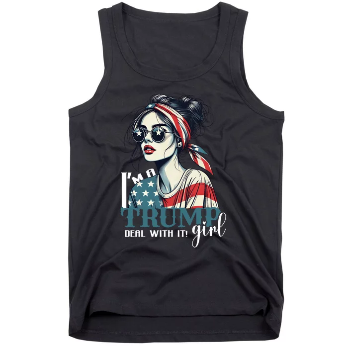 Trump Girl No Apologies Messy Bun Trump 2024 American Flag Tank Top