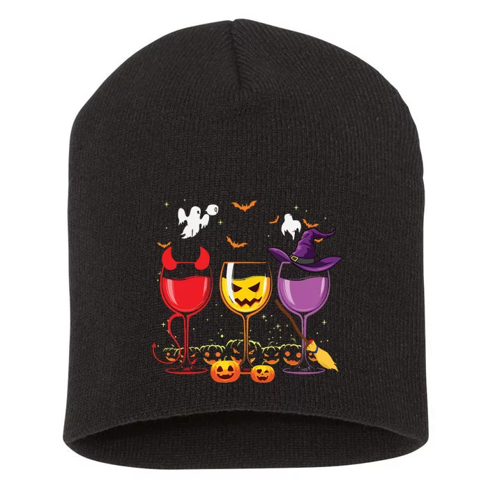 Three Glasses Of Wines Funny Halloween Wine Lover Short Acrylic Beanie