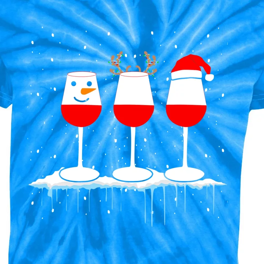 Three Glasses Of Wine Holiday Snow Santa Hat Winter Gift Kids Tie-Dye T-Shirt