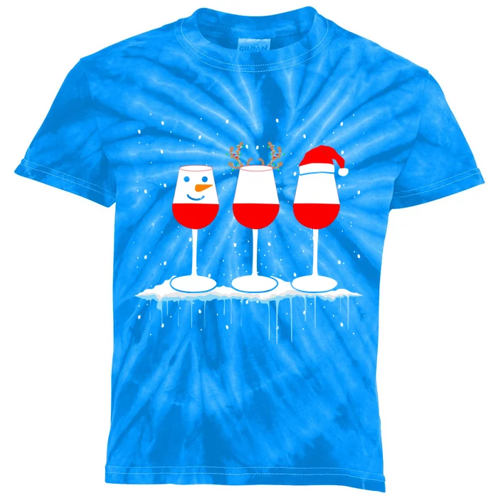 Three Glasses Of Wine Holiday Snow Santa Hat Winter Gift Kids Tie-Dye T-Shirt