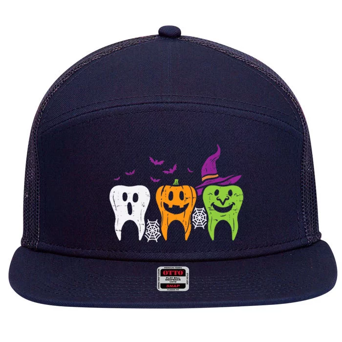 Teeth Ghost Pumpkin Witch Cute Dental Halloween Dentist Gift 7 Panel Mesh Trucker Snapback Hat