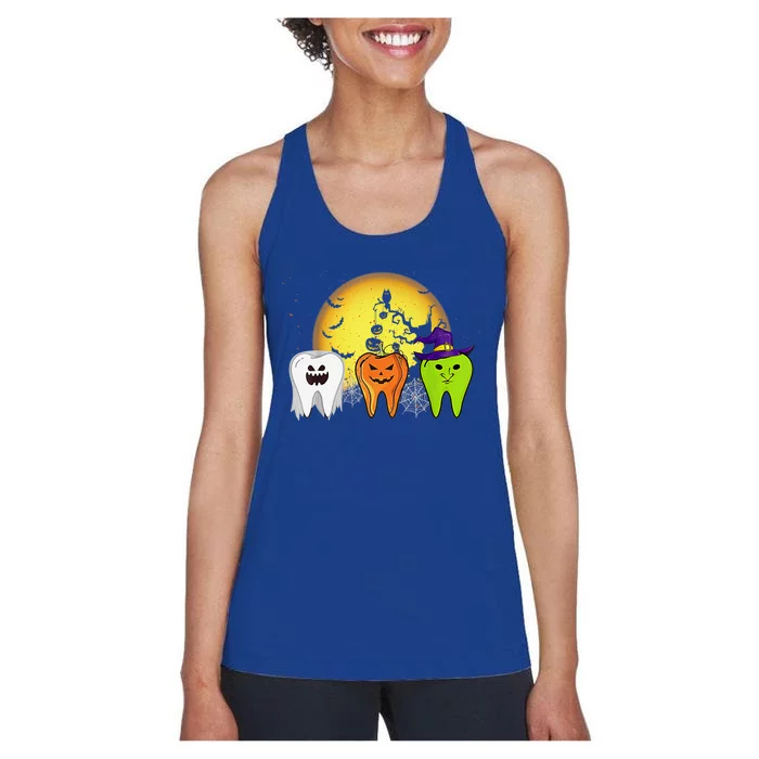 Teeth Ghost Pumpkin Witch Cute Dental Halloween Dentist Gift Women's Racerback Tank