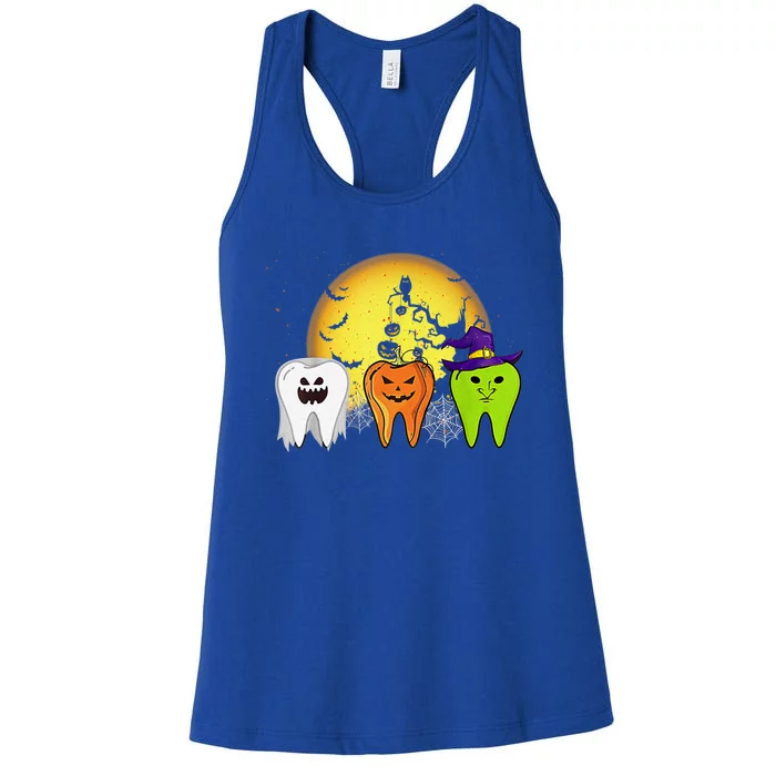 Teeth Ghost Pumpkin Witch Cute Dental Halloween Dentist Gift Women's Racerback Tank