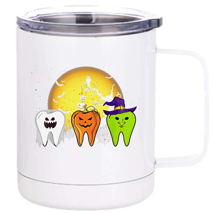 Teeth Ghost Pumpkin Witch Cute Dental Halloween Dentist Gift Front & Back 12oz Stainless Steel Tumbler Cup