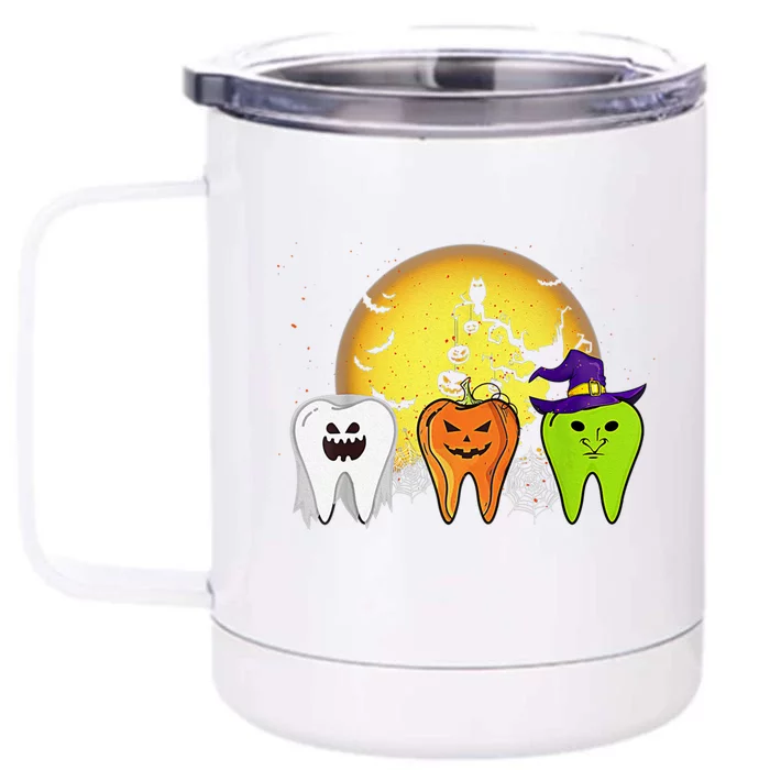 Teeth Ghost Pumpkin Witch Cute Dental Halloween Dentist Gift Front & Back 12oz Stainless Steel Tumbler Cup