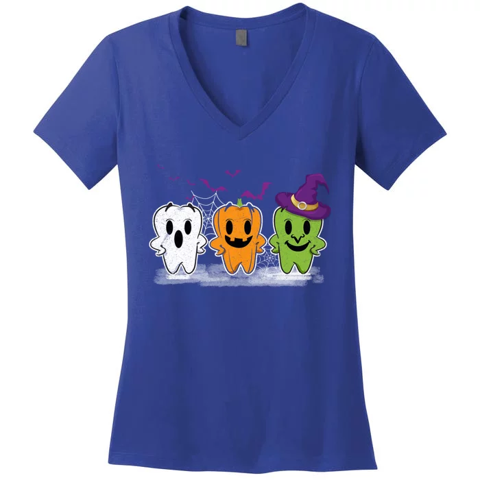 Teeth Ghost Pumpkin Witch Cute Dental Halloween Dentist Meaningful Gift Women's V-Neck T-Shirt