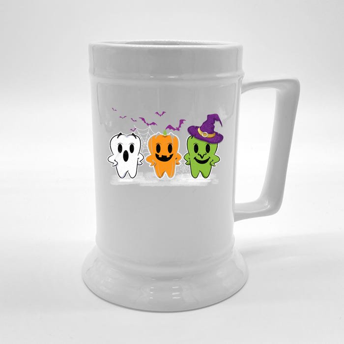 Teeth Ghost Pumpkin Witch Cute Dental Halloween Dentist Meaningful Gift Front & Back Beer Stein