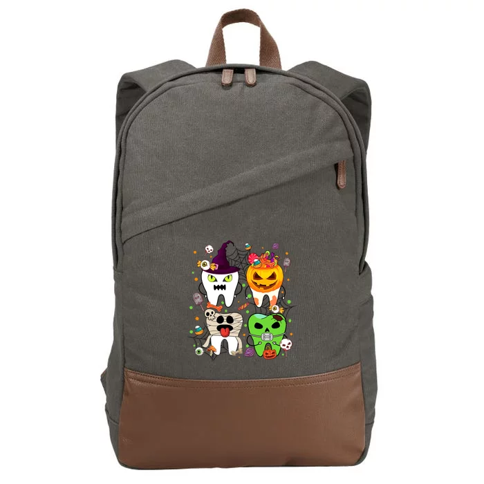 Teeth Ghost Pumpkin Witch Cute Dental Halloween Dentist Gift Cotton Canvas Backpack