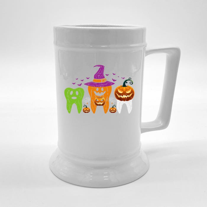 Teeth Ghost Pumpkin Witch Cute Dental Halloween Cool Gift Front & Back Beer Stein