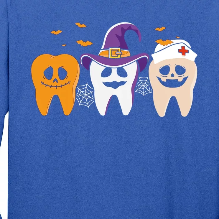 Teeth Ghost Pumpkin Nurse Cute Dental Halloween Dentist Gift Tall Long Sleeve T-Shirt