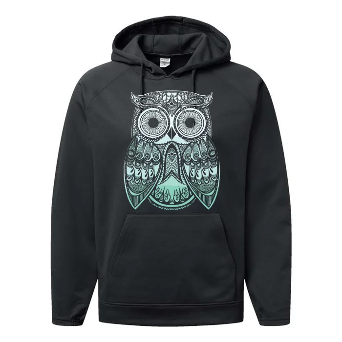 Teal Gradient Paisley Henna Owl Bohemian Graphic Performance Fleece Hoodie