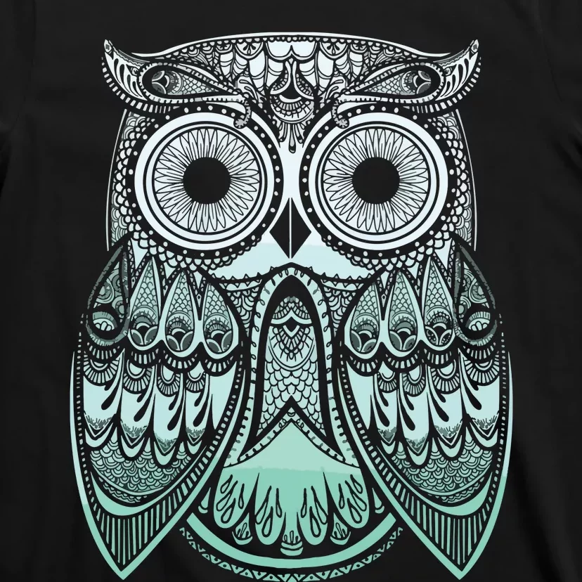 Teal Gradient Paisley Henna Owl Bohemian Graphic T-Shirt