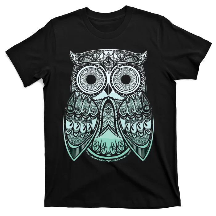 Teal Gradient Paisley Henna Owl Bohemian Graphic T-Shirt