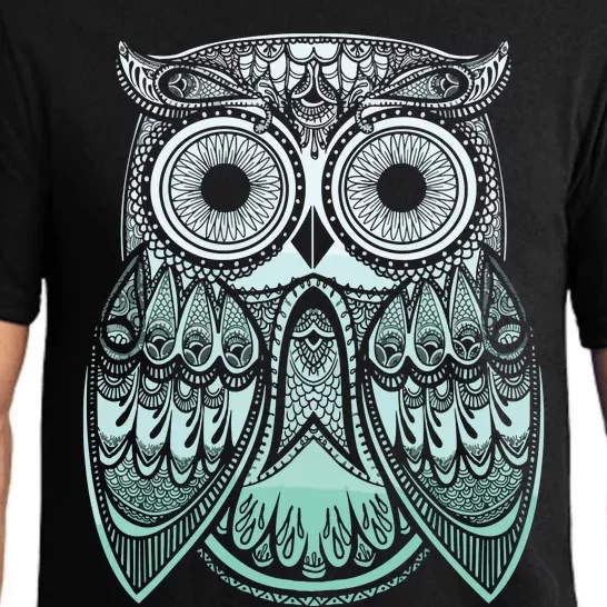 Teal Gradient Paisley Henna Owl Bohemian Graphic Pajama Set