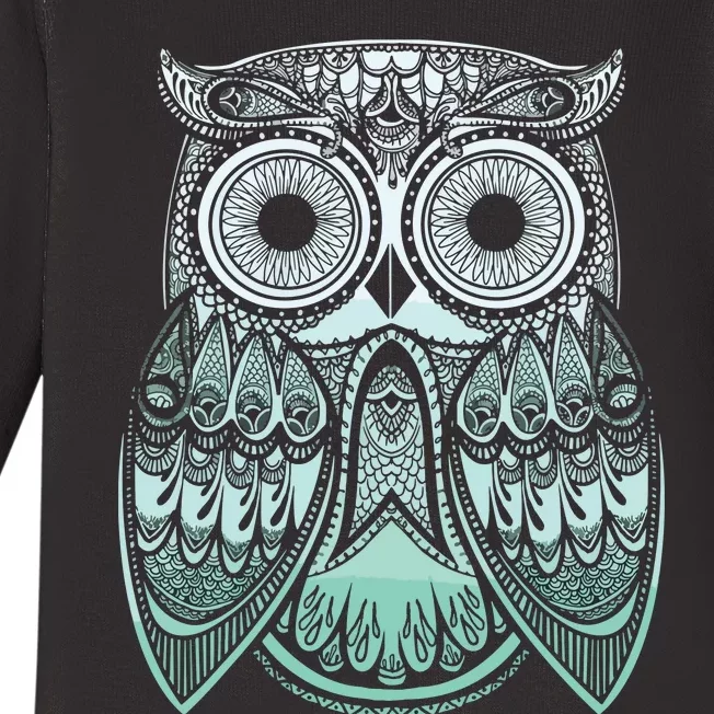 Teal Gradient Paisley Henna Owl Bohemian Graphic Baby Long Sleeve Bodysuit