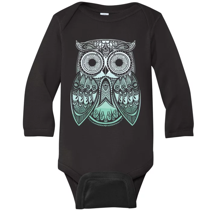 Teal Gradient Paisley Henna Owl Bohemian Graphic Baby Long Sleeve Bodysuit