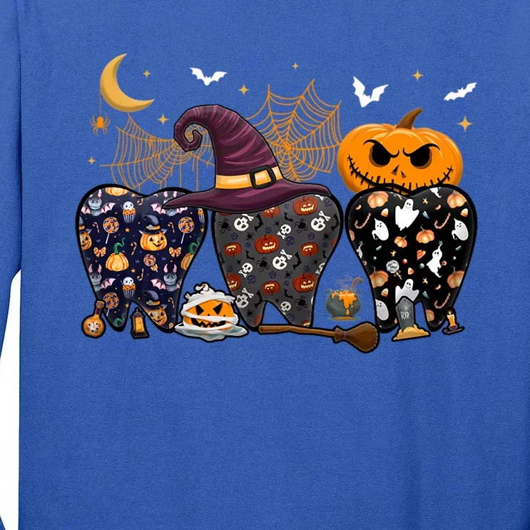 Teeth Ghost Pumpkin Witch Cute Dental Halloween Dentist Gift Cute Gift Tall Long Sleeve T-Shirt