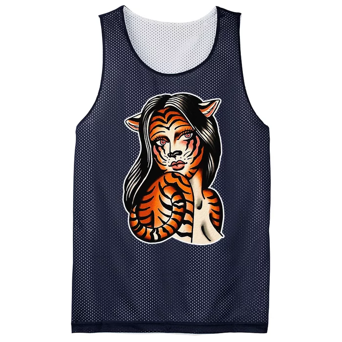 Tiger Girl Pretty Girl Bengal Tiger Traditional Tattoo Flash Mesh Reversible Basketball Jersey Tank